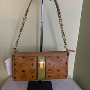 MCM Small Brown Leather Shoulder Bag with Gold Chain.
